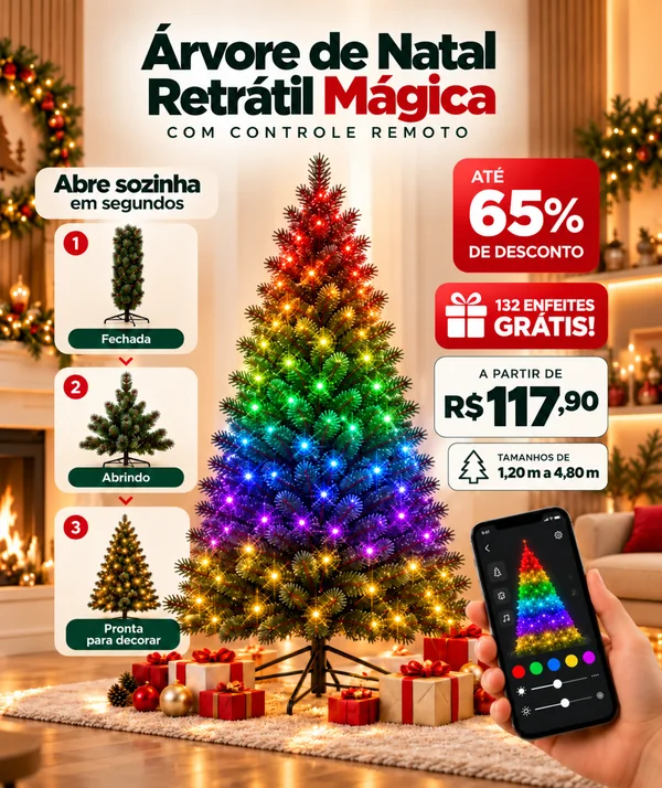 Árvore de Natal Retrátil Mágica com Controle Remoto + 132 Enfeites Grátis